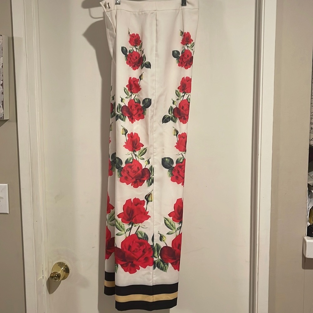 Wide Leg Pants Cream Color Valentines Red Roses Flat Front Zipper